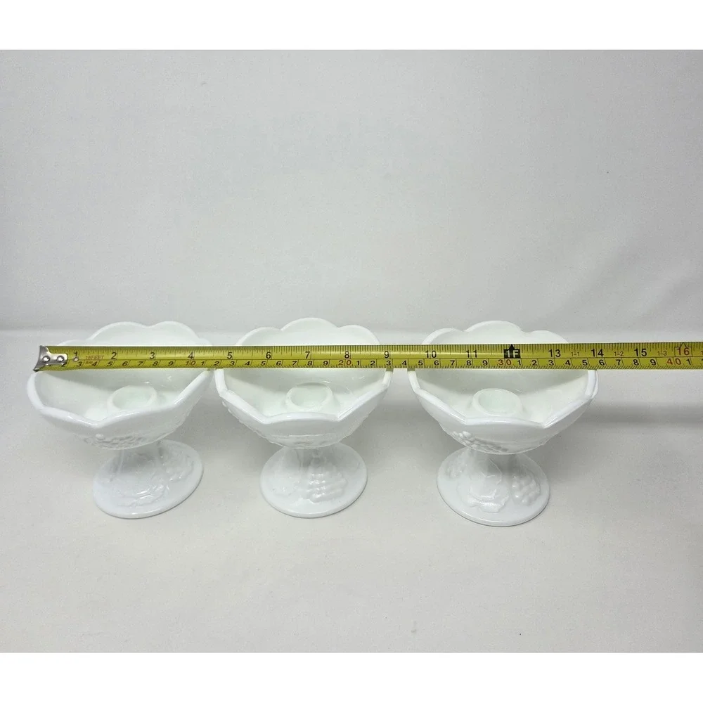 Vintage Indiana Colony Harvest Grape Milk Glass Footed Candle Holders Set 3